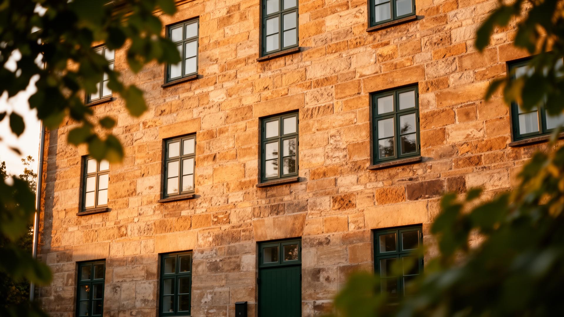 Herkomsts historiske pakhusfacade i aftenlys